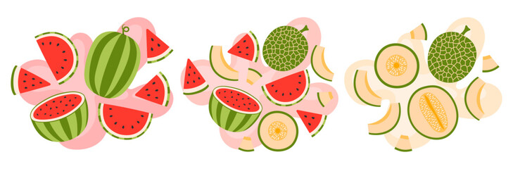 Fruit and berry set on abstract background. Watermelon and melon taste. Fresh summer juicy fruit. Flat Vector illustration