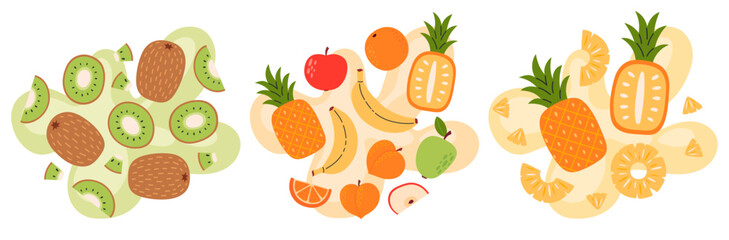 Fruit and berry set on abstract background. Kiwi, pineapple, multifruit, multivitamin taste. Fresh summer juicy fruit. Flat Vector illustration