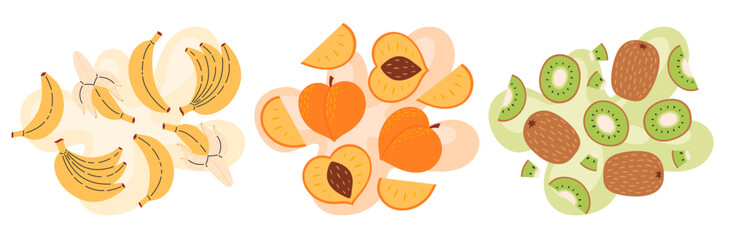 Fruit set on abstract background. Kiwi, pineapple, peach taste. Fresh summer juicy fruit. Flat Vector illustration