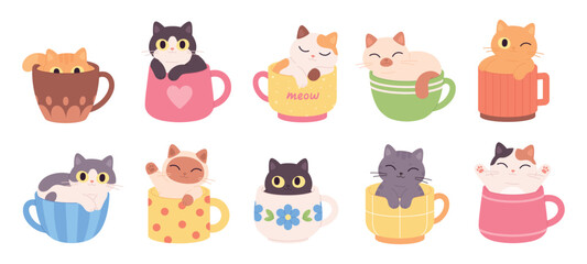 Cats in cups. Funny cat inside coffee cocoa or tea mug. Kawaii cartoon kittens, adorable fluffy fatty pets resting. Sweet drinks, beverages racy vector set