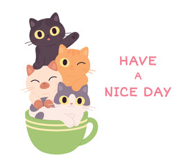 Fototapeta premium Kittens in cup. Stack of cats inside mug for coffee tea cocoa. Sweet positive kitten pile. Cartoon postcard for nice day, isolated racy vector design