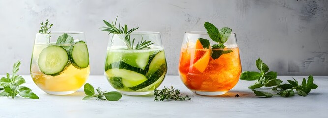 Set of glasses of delicious cocktails of different flavors on a white background.