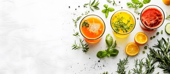 Set of glasses of delicious cocktails of different flavors on a white background.