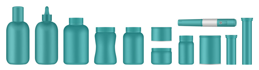 Set of medical pill bottles. Teal green jar with lid. Plastic medicine container. 3d mockup of a packaging for pharmacy. Effervescent tablet tubes, insulin pen	