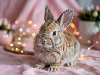 Adorable Baby Bunny Sitting on Soft Pastel Pink Fluffy Surface with Dreamy Blurred Bokeh Background in Warm Tones Perfect for Easter Celebrations Spring-Themed Designs Cute Animal Stock Photography