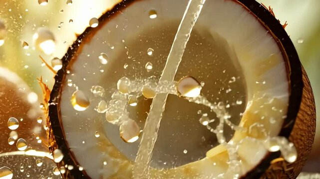 A close-up of a freshly cracked coconut with water dripping soft light highlighting the freshness. digital