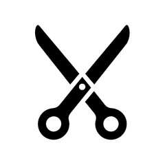 Minimalist black silhouette of scissors icon symbolizing cutting or editing