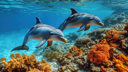Obraz premium Two dolphins swim amidst vibrant coral reef