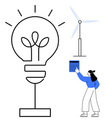 Lightbulb with plant, wind turbine beside woman using calculator. Ideal for renewable energy, innovation, green technology, sustainability, eco-friendly planning, environment energy saving. Flat