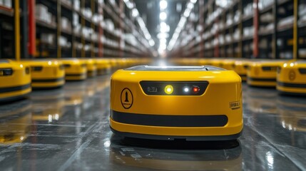 Autonomous robots navigate through a vast warehouse, organizing and sorting inventory for seamless distribution. The facility is designed for high efficiency logistics operations.