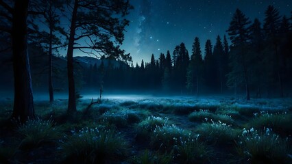 A night landscape with a dark forest stretching to the horizon under a clear starry sky. Light fog is visible in the lowlands, and dark grass and trees are in the foreground.