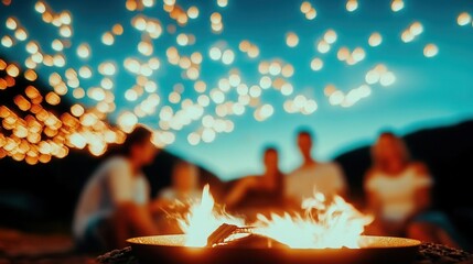 Campfire gathering with warm light at night.