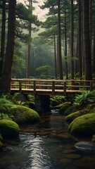 Landscape with a small stream flowing through a dense green forest with tall trees and moss covered rocks. A simple wooden bridge is thrown over the stream. There is a light haze or fog in the air.