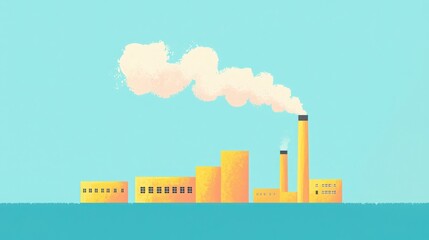 Obraz premium Industrial Factory Pollution, Cartoon illustration of factory emitting smoke.