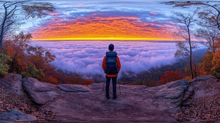 Fototapeta premium A hiker stands on a mountain looking over clouds at sunrise