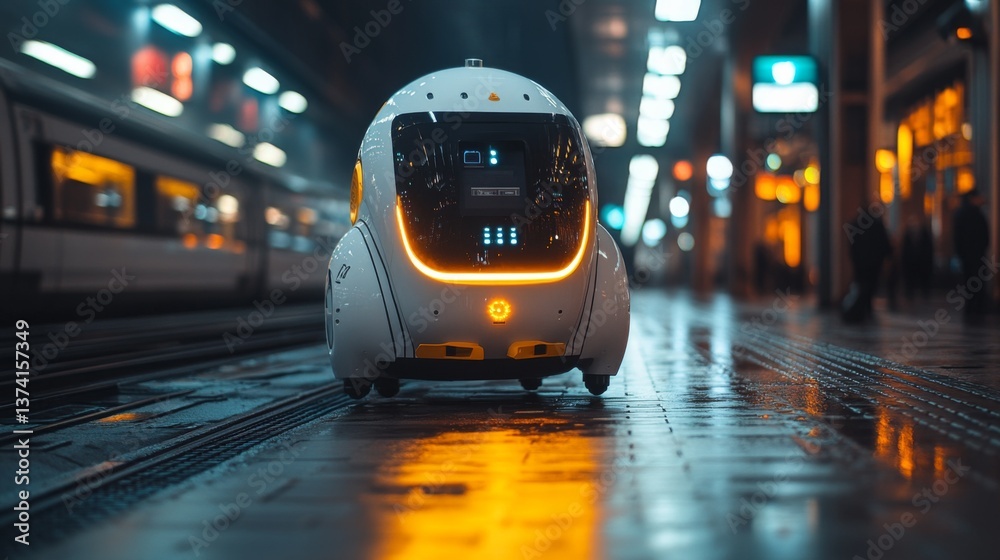 Fototapete A small autonomous robot moves through a bustling transportation hub filled with commuters during the evening rush hour, showcasing advancements in logistics and mobility.