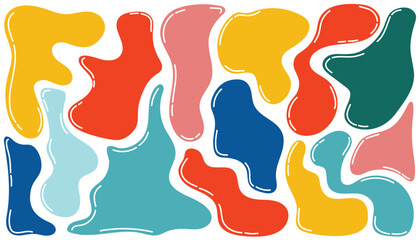 A modern abstract poster with colorful irregular shapes on a white background. Organic, fluid, melting shapes. A playful, minimal, and contemporary geometric collection.