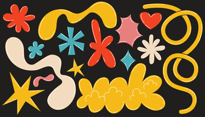 Naklejka premium A vibrant abstract poster of various geometric and organic shapes on a black background. The playful design includes stars, squiggles, heart and other elements, modern aesthetic.