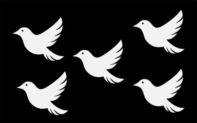 Minimalist White Dove Icons – Elegant Bird Silhouette Vector Set, Flat Design Illustration on Black