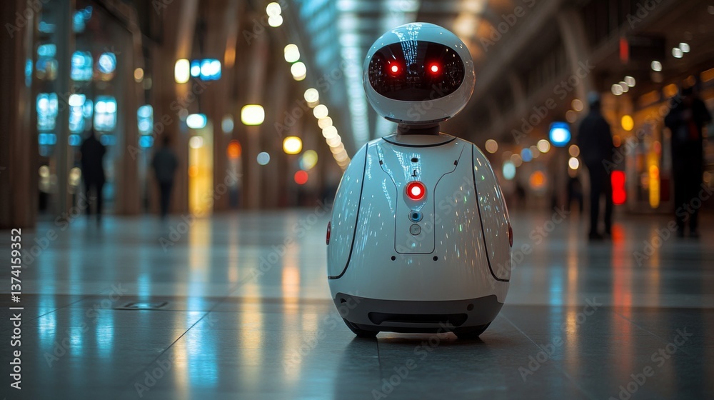 Poster A robotic unit stands in an urban transit hub, equipped for logistics monitoring and security inspection, showcasing advanced automation technology in action.