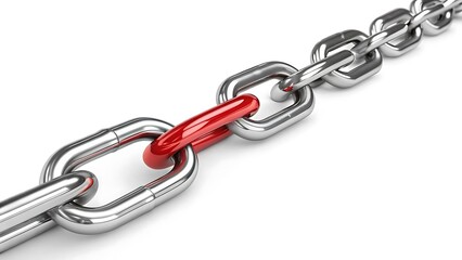 Close-up of a shiny metal chain with red and silver links, attached to a lock, symbolizing strength, security, and connection