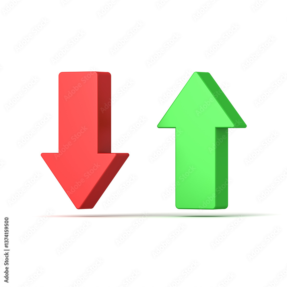 Fototapete red down arrow and green up arrow isolated on white background with shadows 3d rendering