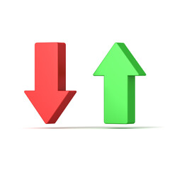 Red down arrow and green up arrow isolated on white background with shadows 3D rendering