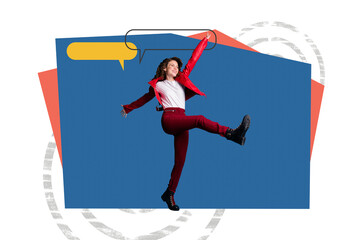 Creative sketch art collage of happy girl dance communication icon bubble speech text chatterbox...