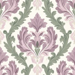 Elegant seamless damask pattern with delicate purple and green floral motifs on a creamy white background ideal for textile design wallpaper or luxury packaging projects.