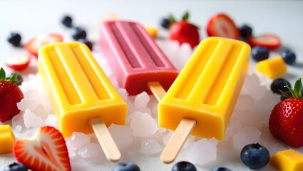 Frozen popsicles in different fruity flavors (mango, strawberry, blueberry) arranged on a bed of ice with fresh fruit around them.