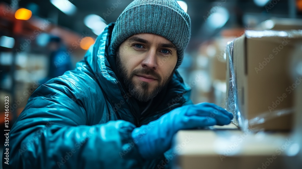 Aufkleber a worker in a cozy jacket and gloves sorts through boxes in a busy warehouse, ensuring efficient inv