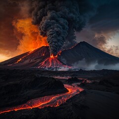 Majestic Volcanic Eruption at Dawn with Flowing Lava and Smoky Atmosphere