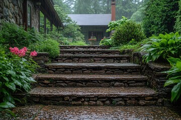 Stone steps in a lush garden glisten with rain, surrounded by vibrant greenery and colorful flowers.