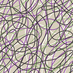 Seamless abstract pattern featuring intertwining black, white, purple, and green lines on a beige background. Dynamic, chaotic design, modern, energetic scratches, artistic scribbles