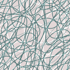 Seamless abstract pattern, intertwining turquoise lines on a beige background. Dynamic, chaotic design, modern, energetic scratches, artistic scribbles, free hand, continued lines ink drawing style.
