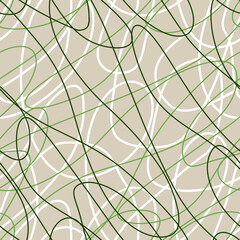 Seamless abstract pattern, intertwining green lines on a beige background. Dynamic, chaotic design, modern, energetic scratches, artistic scribbles, free hand, continued lines ink drawing style.