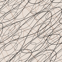 Seamless abstract pattern, intertwining lines on bright beige background. Dynamic, chaotic design, modern, energetic scratches, artistic scribbles, free hand, continued lines ink drawing style.