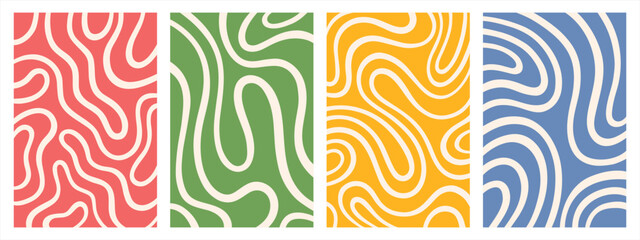 Twisted lines, fluid, curved, wiggling stripes, waves vector backgrounds set. Liquid, chaotic retro ornaments, groovy hippie patterns collection. Doodle, uneven hand drawn wavy, organic winding lines