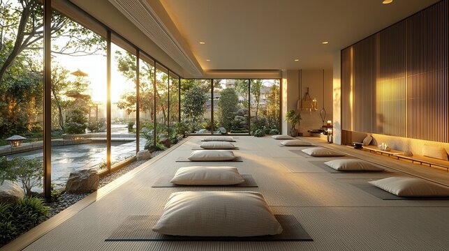 A serene room with tatami mats, cushions, and large windows showcasing a tranquil garden, illuminated by warm sunlight.