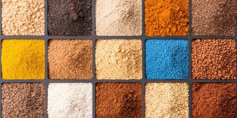 Square containers filled with various spices arranged in mosaic pattern topdown on gray background showcasing diversity in seasoning herbs and flavor in gourmet culinary style