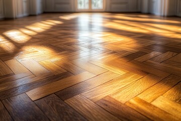 Sunlight gently illuminates a polished wooden parquet floor creating a warm and inviting atmosphere in an empty room.