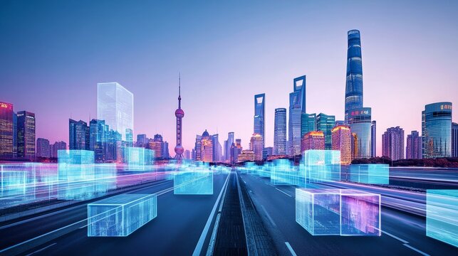 Against an abstract blue-purple background, the design includes elements such as floating cubes or transparent frosted glass squares in blue and purple that extend from near to far and become smaller 