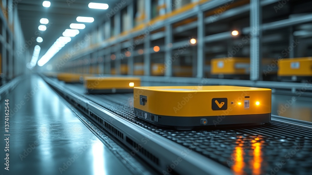 Poster Yellow automated robots efficiently move along the conveyor system in a modern warehouse, sorting and delivering inventory for fulfillment tasks.