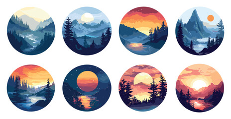 Mountains in Circles Vector Landscapes Flat Style Icons Set Geometric Nature Icons Mountain Peaks Simple Design Landscape Elements Minimalist Mountain Ranges Iconography Circular