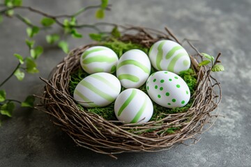 Obraz premium Delicate green-striped and polka-dotted Easter eggs nestled in a rustic bird's nest atop a bed of moss, evoking springtime renewal and the joy of new beginnings.