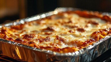 Hot lasagna in a foil tray fresh out of the oven