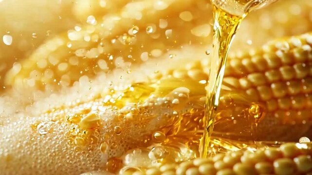 A macro shot capturing the rich texture of corn kernels being bathed in golden oil, with glistening droplets and bubbles adding a sense of freshness and richness. This detailed image emphasizes food 