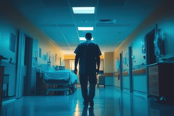 Fototapeta premium Silhouette of a medical professional, walking down a dimly lit hospital corridor at night.