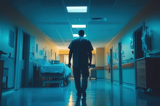 Silhouette of a medical professional, walking down a dimly lit hospital corridor at night.