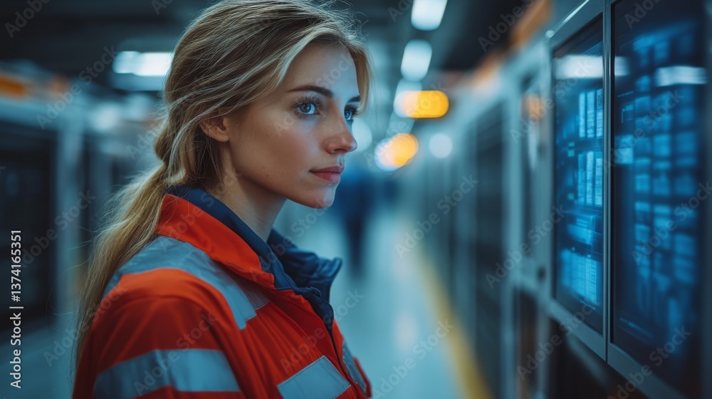 Poster A logistics expert observes data on a digital monitor in a transportation facility, ensuring security and efficiency during the afternoon shift within a busy infrastructure.